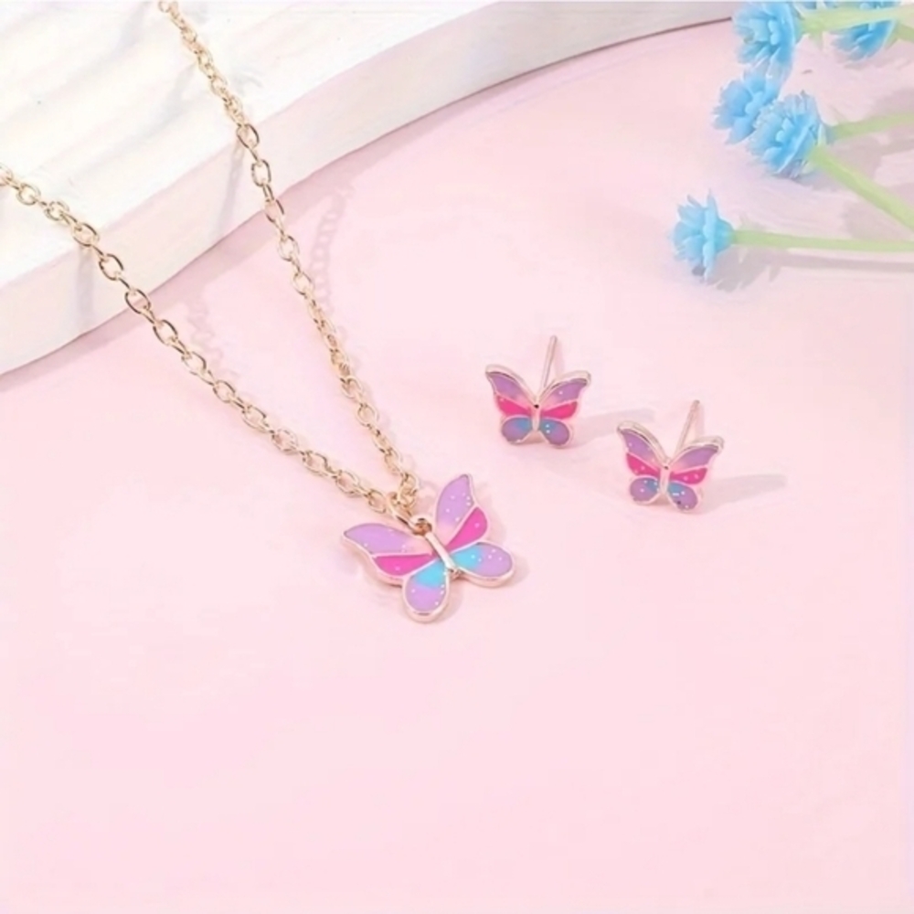 Colorful Girls Butterfly Pendant Necklace with‎ Earrings 3pcs Set